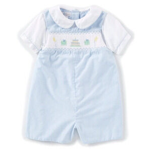 Petit Ami Boys Birthday Blue Smocked Embroidered Jon Jon 2-Piece Romper 24 Mths
